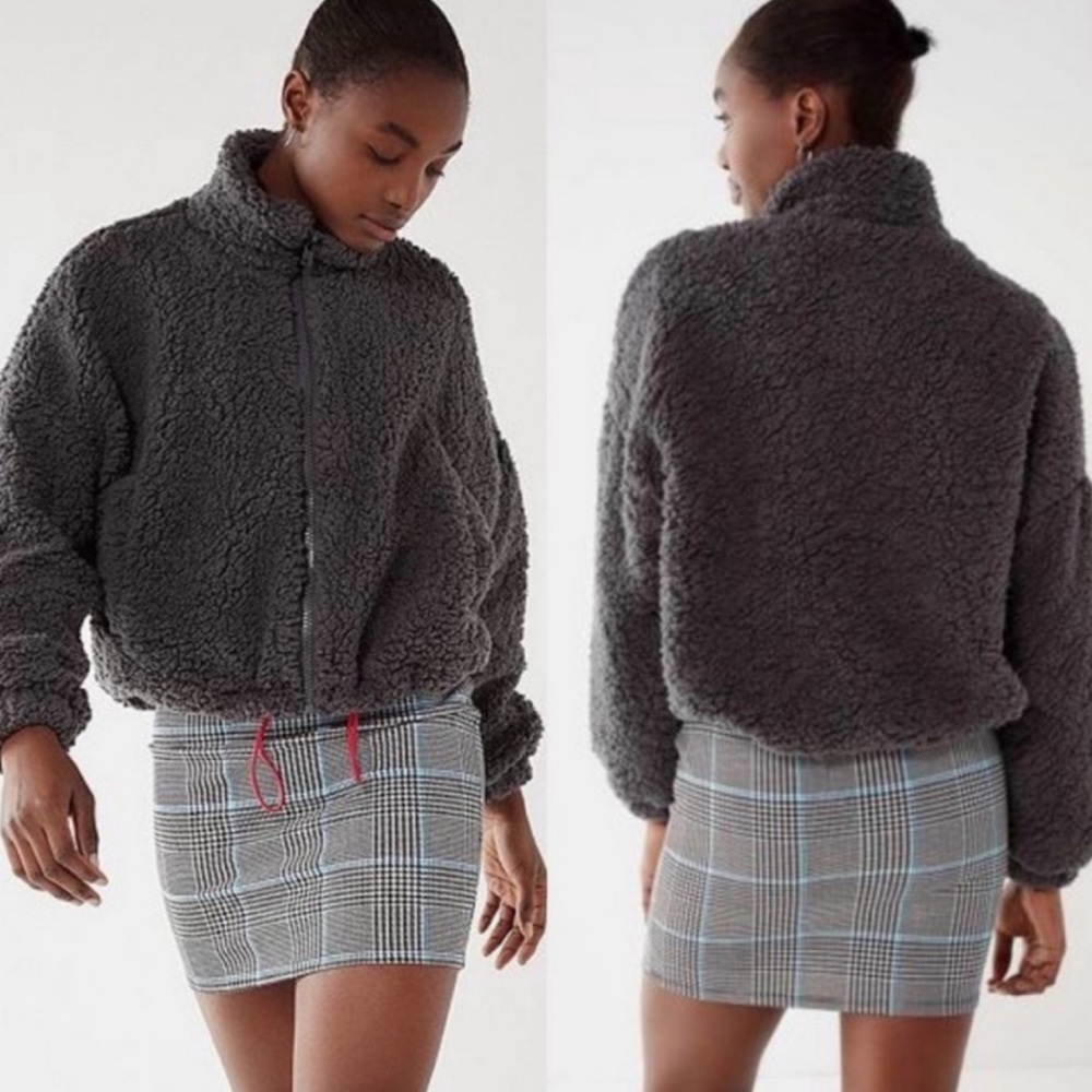Urban Outfitters Willow Fuzzy Charcoal Drawstring Teddy Zipper Sherpa Jacket(L)